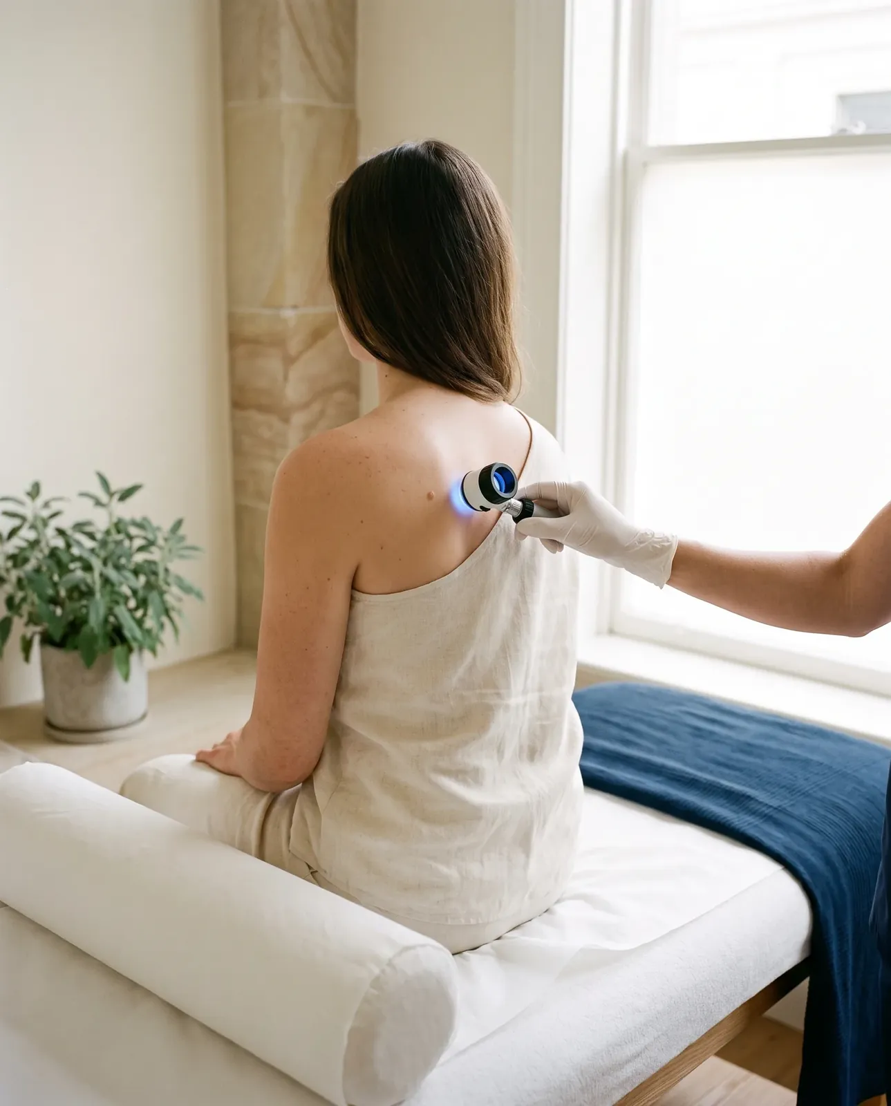 A gloved hand holding a dermatoscope against a small mole on a patient's upper back