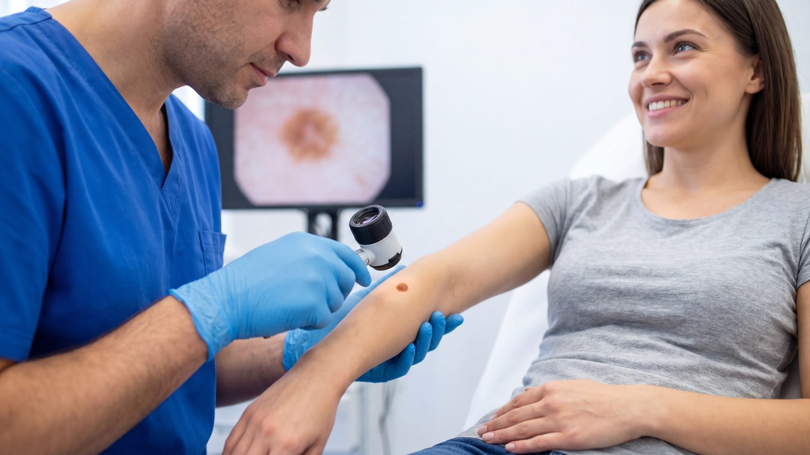 Clinician using a dermatoscope to examine a patient's skin lesion