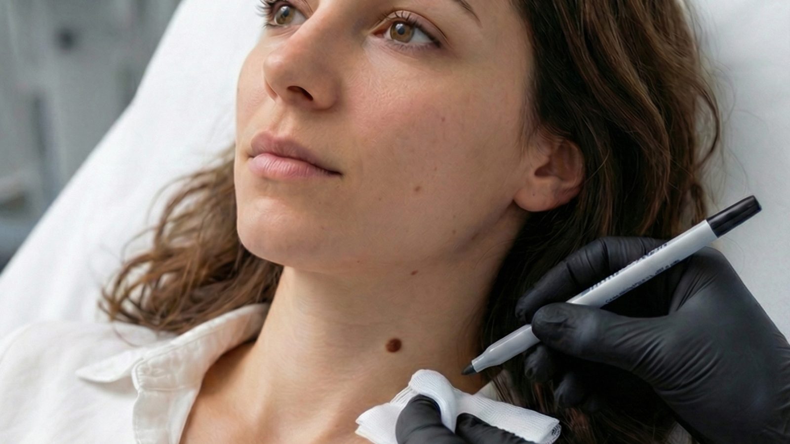Clinician marking a mole on a patient's neck before removal
