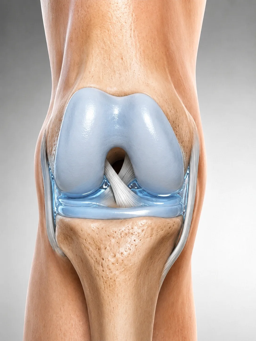 Illustration of a knee joint with hyaluronic-acid lubrication cushioning the cartilage surfaces