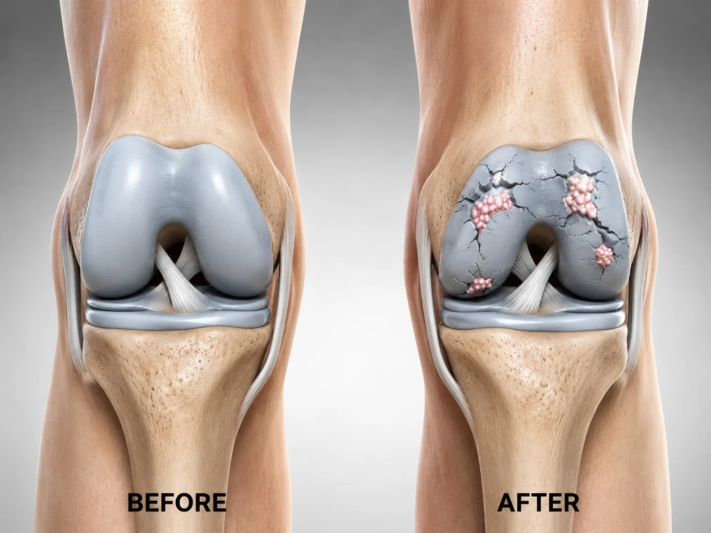 Illustration comparing healthy knee cartilage with the cartilage damage seen in knee osteoarthritis