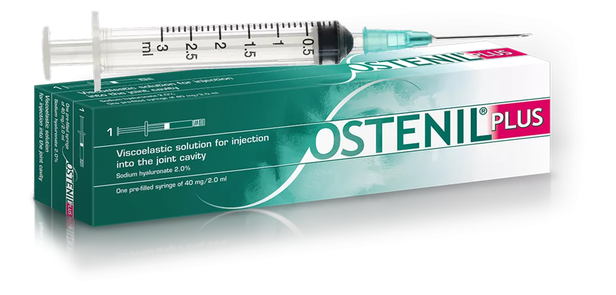 Ostenil Plus hyaluronic acid joint injection illustration