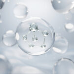 molecule inside bubble on blue background, concept skin care cos
